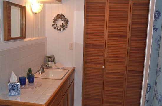 Waipio Wayside, Moon Room, Tiled bathroom sink and wooden louvered door